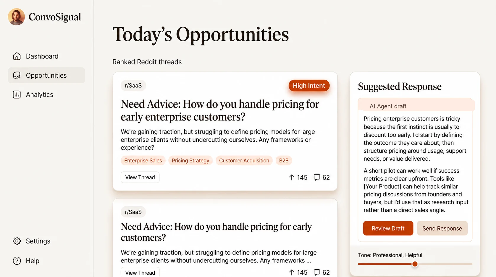 Dashboard mockup showing ranked Reddit opportunities and AI Agent suggested responses
