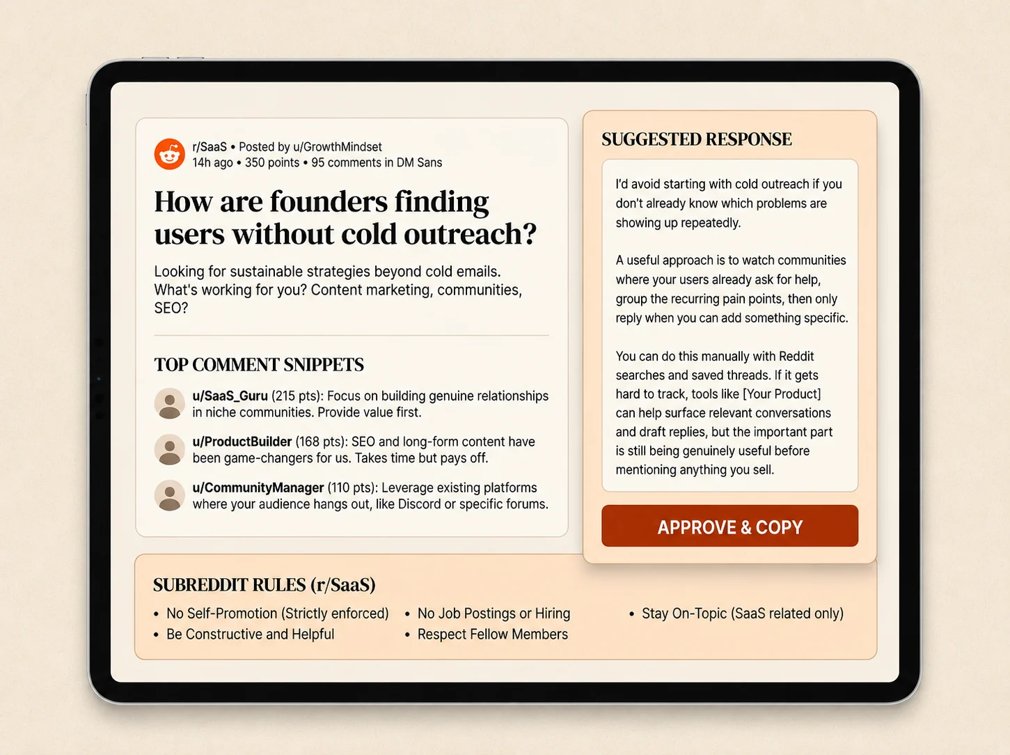 Detailed view of a Reddit thread showing top comment snippets and subreddit rules context alongside an AI Agent suggested response